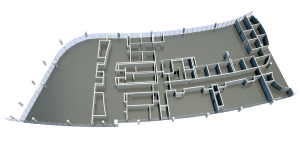 Example of a floor plan using QA Graphics new design standards. This particular example has the curtain wall, doors, and stairs. It also shows the lighter appearance and new viewing angle.