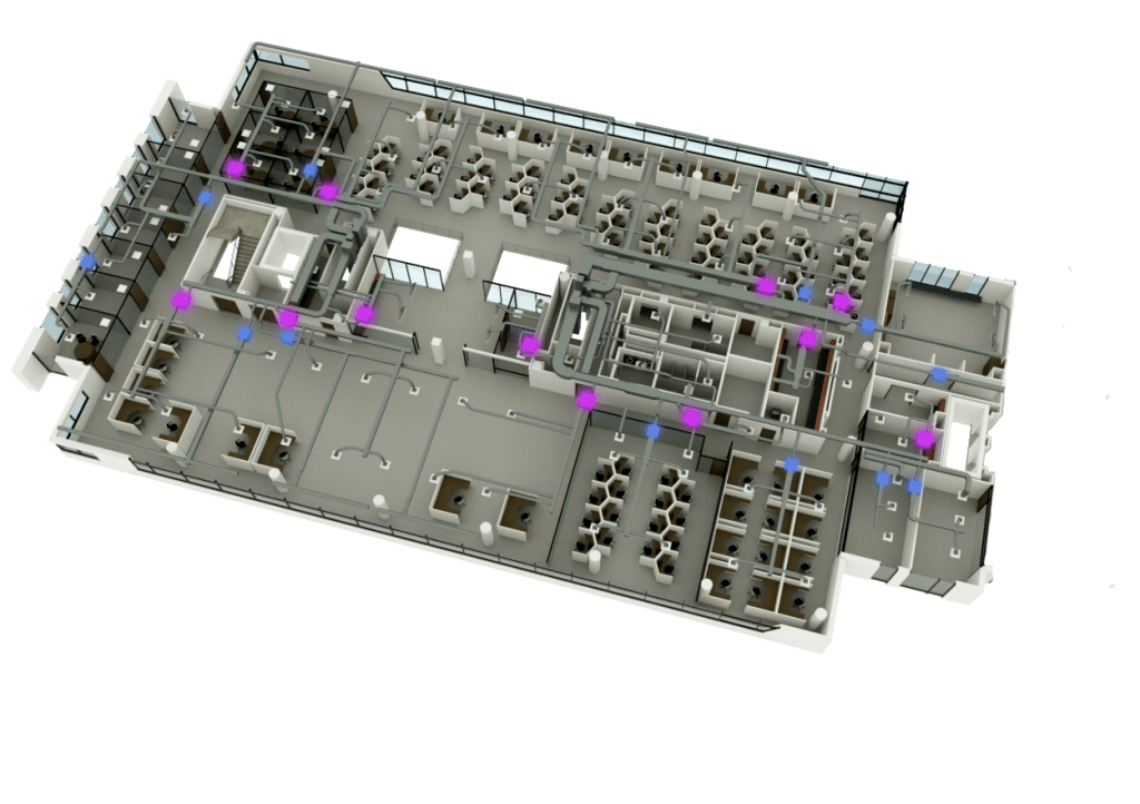 This example pictured is of QA Graphics’ Platinum Plus Package that shows a custom floor plan with ductwork, furniture, and high customized details.