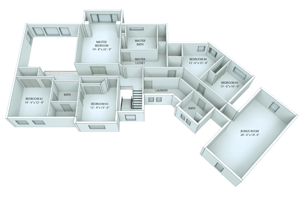 3D floor plan with room labels and dimensions