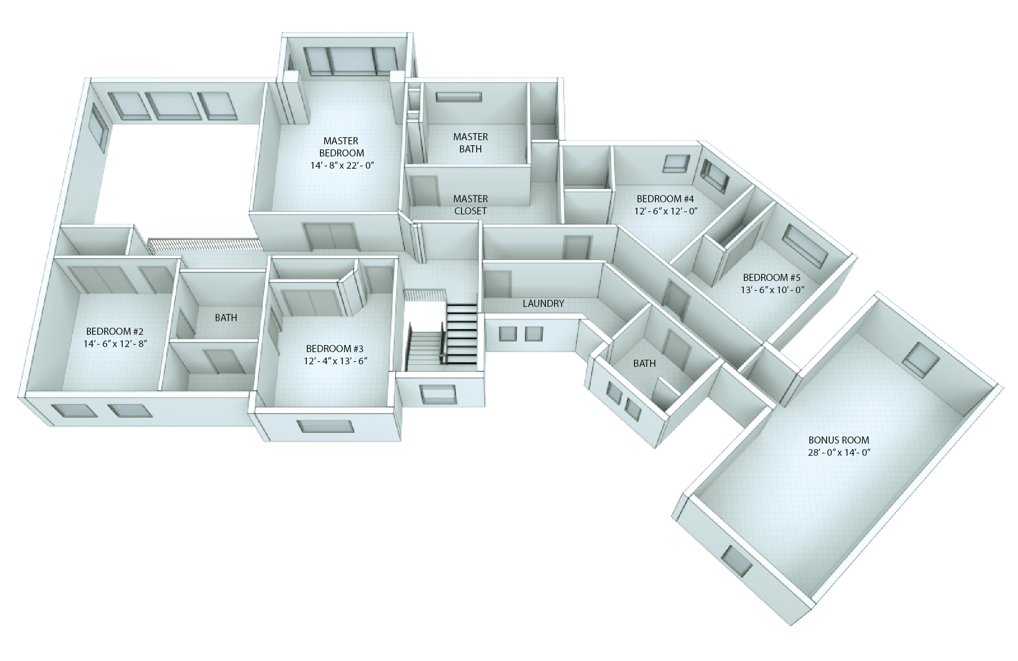 3D floor plan with room labels and dimensions