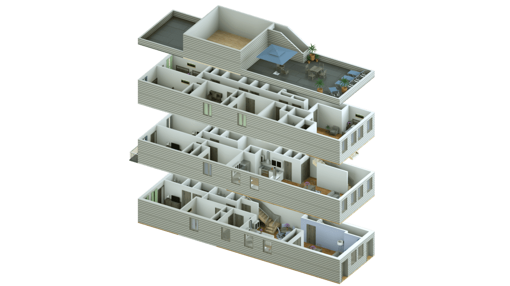 Parallel Stacked View render of an apartment