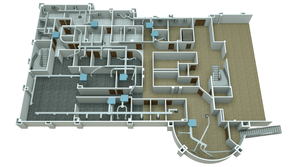 3D Floor Plan with gold package details and ductwork and zoning