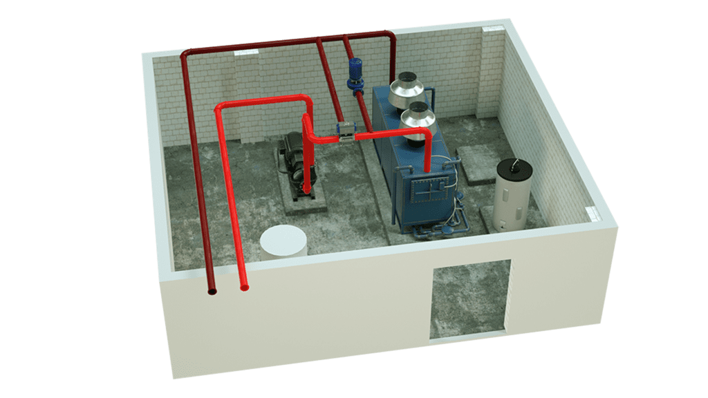 Boiler Plant with red piping in a concrete and brick room