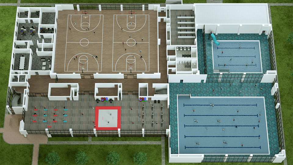 Bird's eye view of a gym with basketball courts and swimming pools