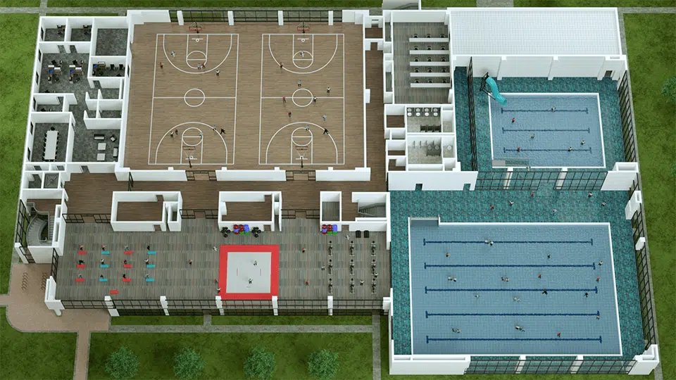 Gym Floor Plan Bird's eye view of a gym with basketball courts and swimming pools