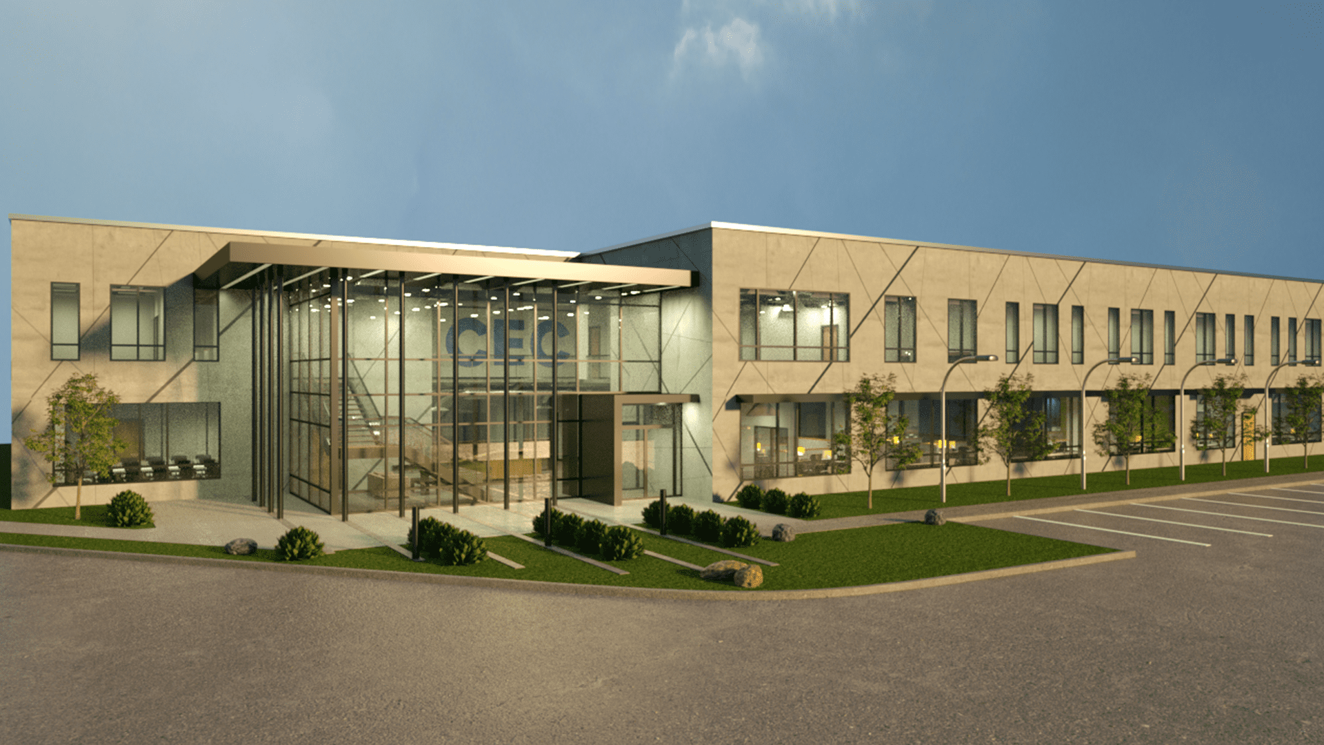 Office Headquarters Building Exterior render with big class windows in the lobby and a large parking area in front