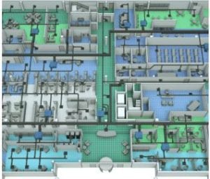 3D custom floorplan with colored zoning and ductwork