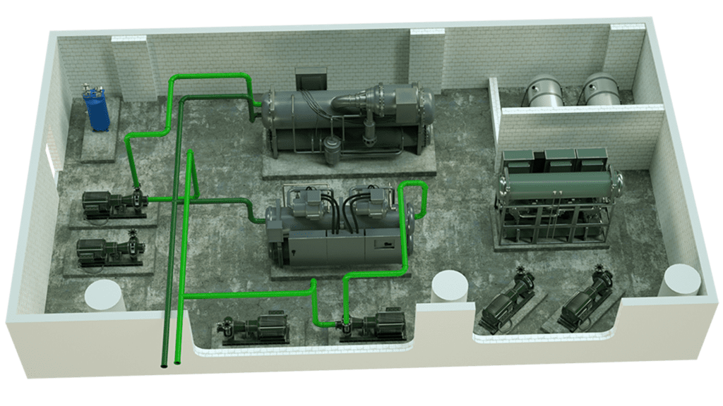 industrial 3D room with a chilled loop graphic and green pipes