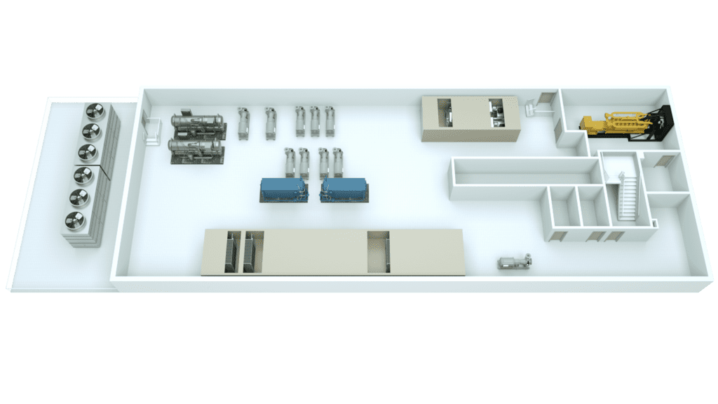 3D image of a mechanical room with white floors and walls and equipment