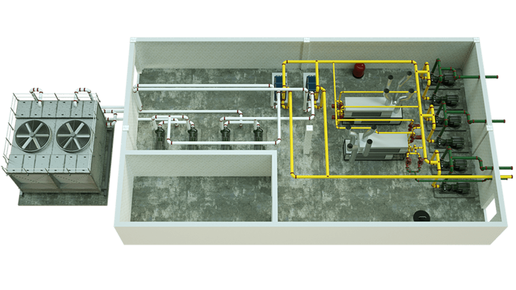 3D graphic of a WSHP room with yellow and white piping