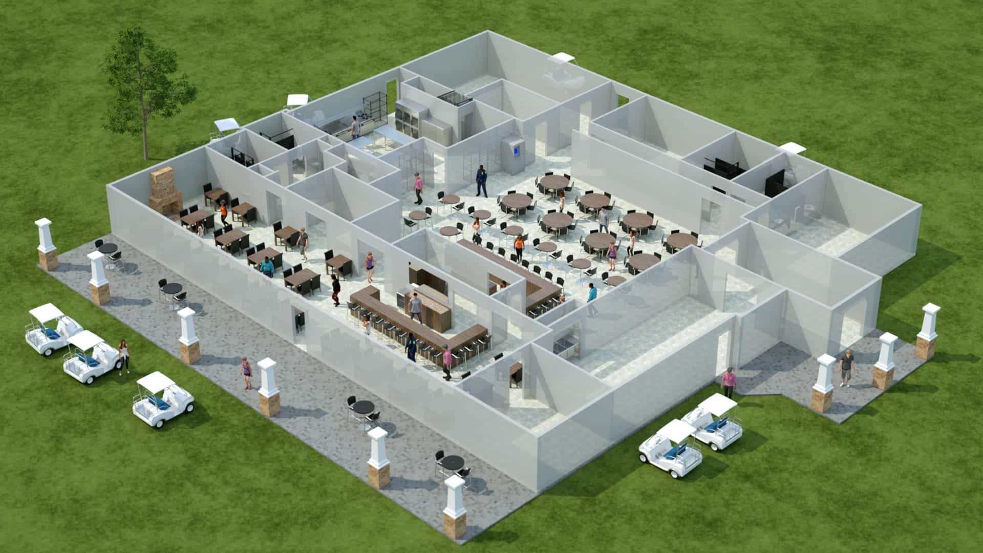 3D detailed floor plan with people and furnishings