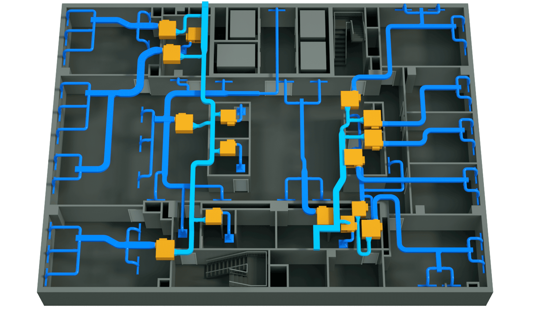 Dark texture, 3D floor plan with bright colored ductwork.