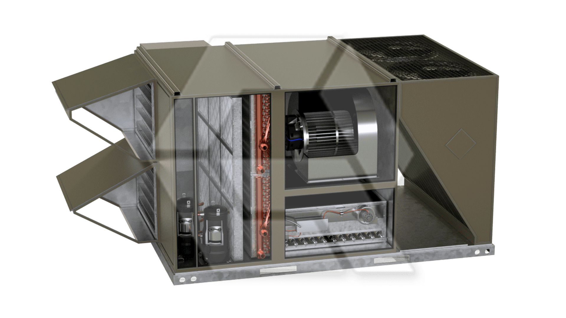 Johnson Control R-410A RTU with animations for compressors, cooling coil, dampers, fans, filter, and heating coil. (2 fans)