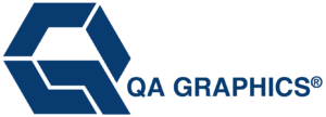 Blue geometric logo resembling the letters "Q" and "A" interlocked, with the text "QA GRAPHICS®" in blue, bold, uppercase letters to the right—ideal for BAS graphics—set against a light background.