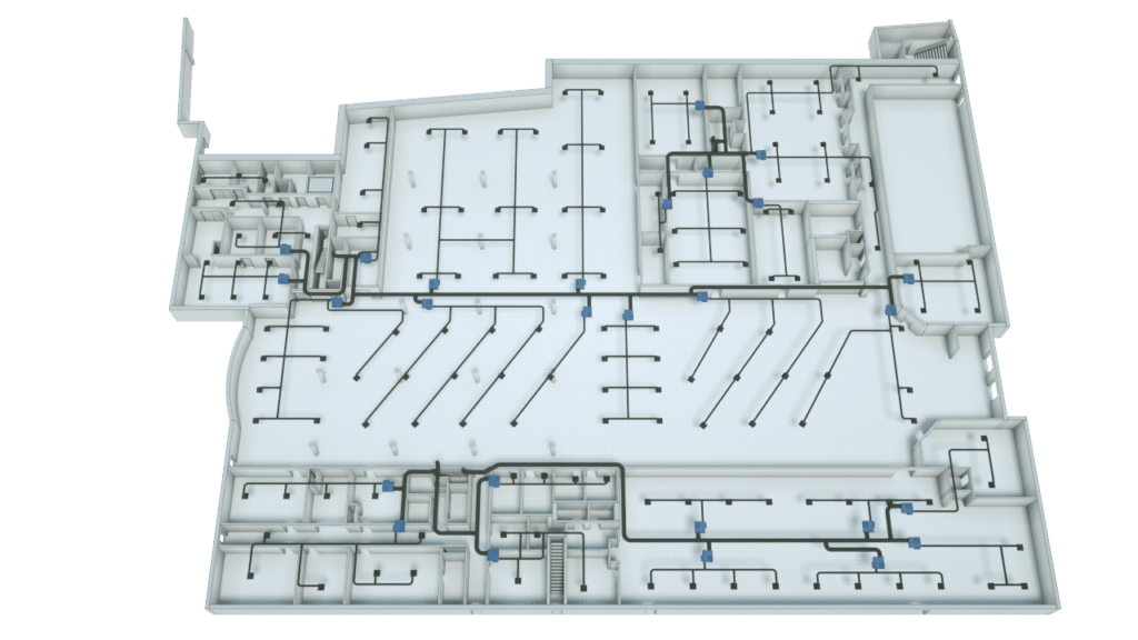 3D floor plan of a large building showing rooms, hallways, and detailed pipework running across the ceiling, with blue valves and wall sections visible throughout the structure.