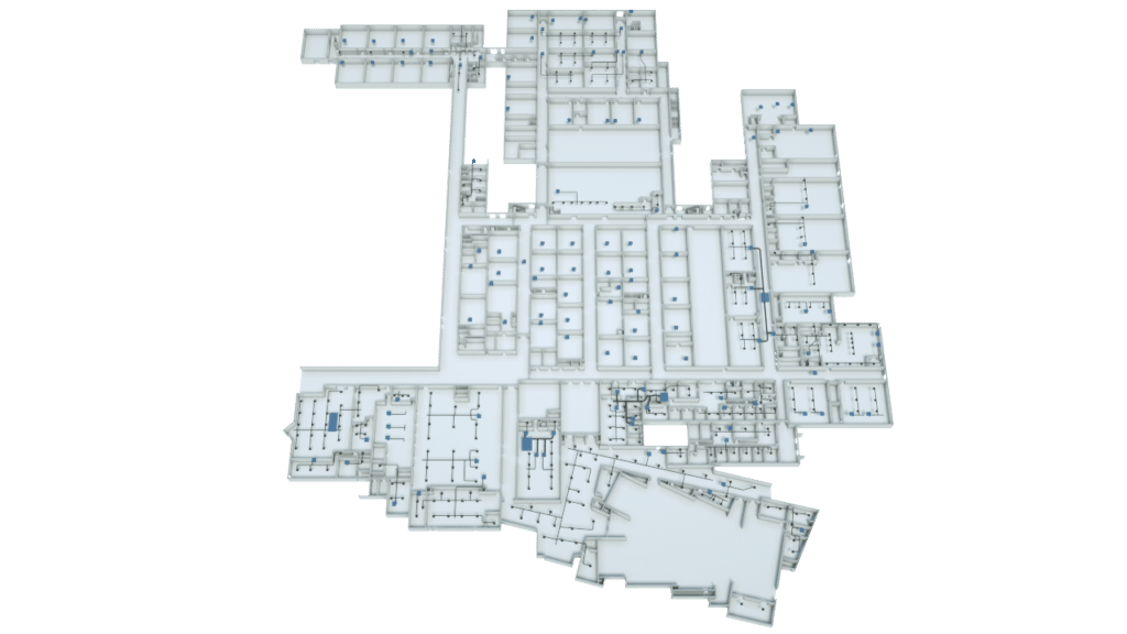 A detailed, top-down view of a complex building floor plan with multiple rooms and hallways, shown in light blue and white on a plain background.