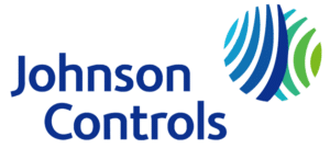 Johnson Controls logo with the company name in blue text on the left and a globe-shaped graphic of blue and green curved lines on the right, often seen in BAS graphics for building automation solutions.