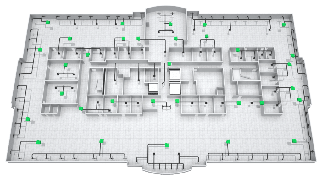 3D floor plan of a large building with multiple rooms and corridors, showing green markers at various locations, possibly indicating exits, sensors, or security devices throughout the structure.