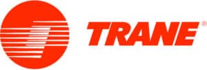 Trane logo featuring a red circle with white horizontal lines on the left and the word "TRANE" in bold red letters on the right, often seen in BAS graphics for building automation systems.