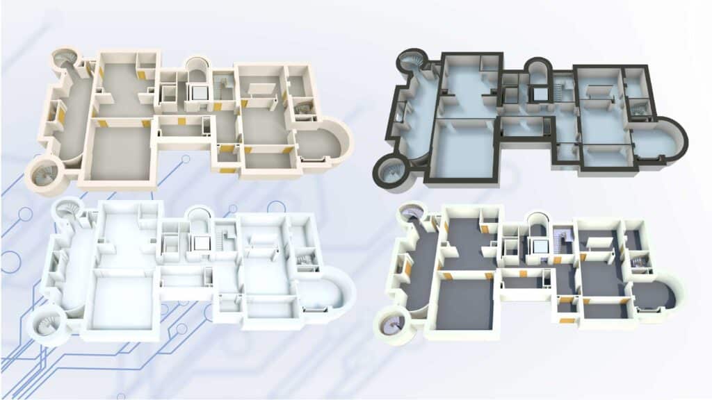 A collage of four different 3D floor plan renderings for a large building, demonstrating various custom design and color options.