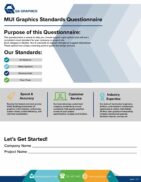A questionnaire cover page titled "MUI Graphics Standards Questionnaire" from QA Graphics. It highlights standards like Air Systems, Water Systems, and Terminal Units, and includes company contact info at the bottom.
