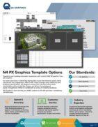An advertisement for QA Graphics' bas graphics HVAC UI solutions. It features software screenshots, company logo, a list of standards, and highlights speed, accuracy, customer service, and industry experience with contact details at the bottom.