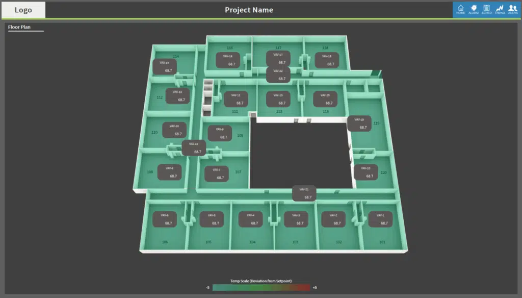 3D floor plan of a building with labeled rooms showing WB numbers and measurement values. A temperature scale bar is at the bottom, and menu buttons and a logo are at the top of the interface.