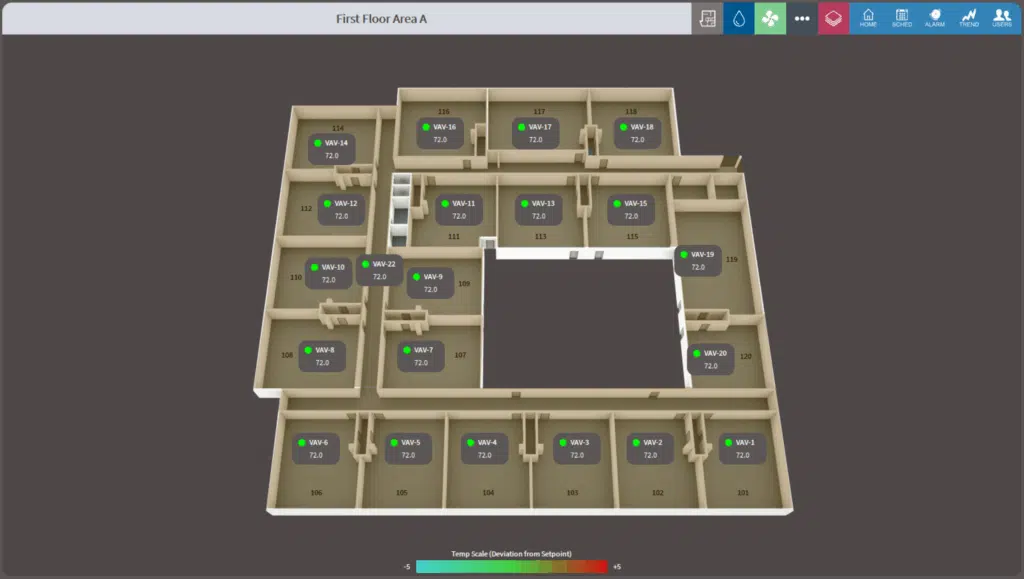 3D floor plan of "First Floor Area A" showing multiple labeled rooms, each with temperature and humidity readings. Most rooms display green status indicators. A color scale at the bottom indicates temperature status.