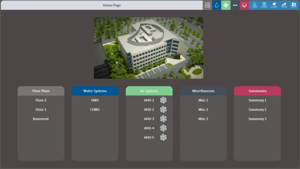 Dashboard interface showing a bird’s-eye photo of a building at the top. Below are five sections: Floor Plans, Water Systems, Air Systems, Miscellaneous, and Summaries, each with labeled options or icons.