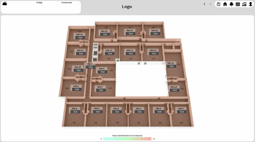 3D floor plan showing numbered rooms (101–124) with interior temperature displays, most reading 72.0°F. The interface includes navigation icons along the top and a temperature scale bar at the bottom.