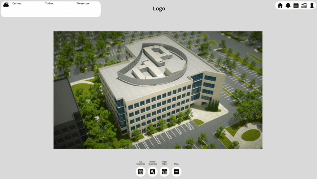 A digital rendering of a modern office building surrounded by trees and parking lots, viewed from above, displayed on a website with navigation icons and a calendar at the top.