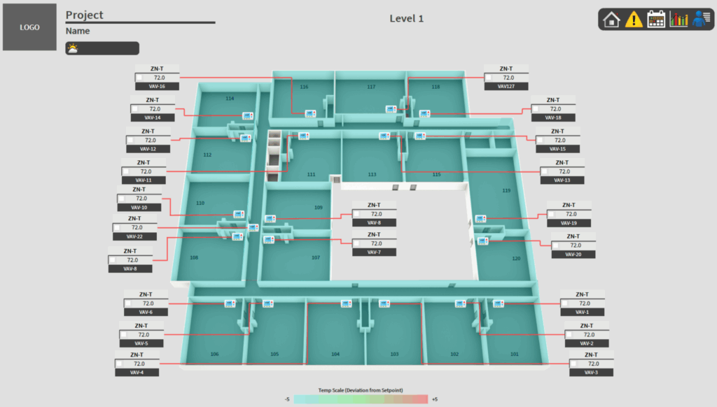 A digital floor plan showing labeled rooms and zones (e.g., ZN-7, ZN-8) with various sensor points around the perimeter. A scale is at the bottom and controls/icons are in the top right corner. User name and project info are at the top left.