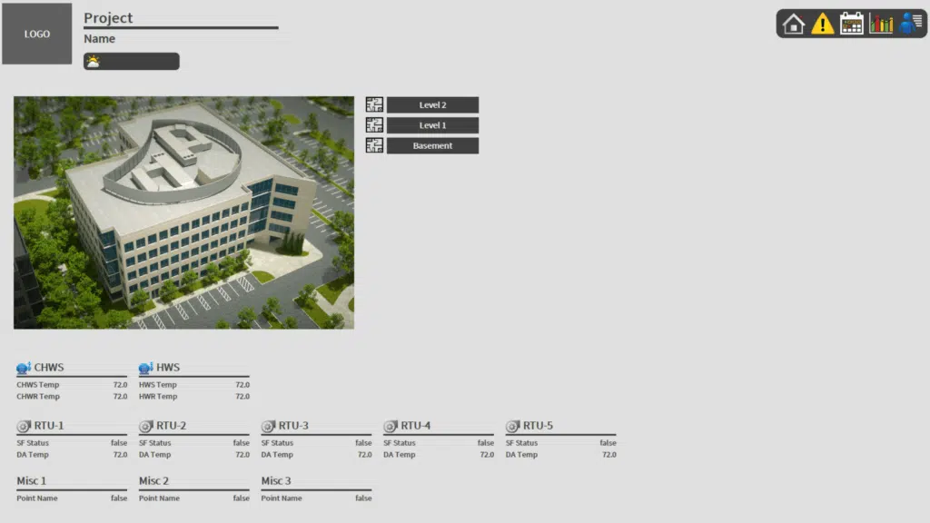 A dashboard interface displays a top-down image of a modern office building, project details, menu icons, floor navigation options, and system status panels for HVAC, CHWS, HWS, and RTUs with temperature and status readings.
