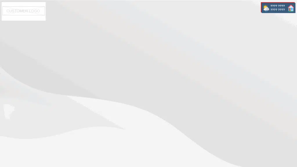 A minimalistic white and light gray background with abstract wavy shapes, featuring a placeholder "Customer Logo" in the top left and a small icon box with unreadable text in the top right corner.