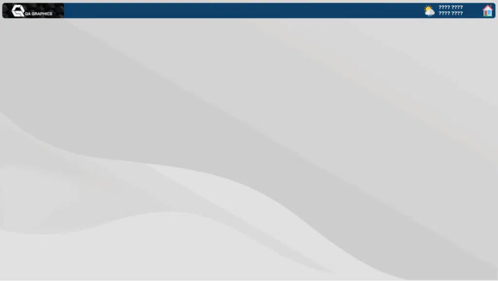 A computer interface with a blue top bar displaying icons for weather, notifications, and home; the background is light gray with subtle wavy patterns. The top left corner shows a "QA Graphics" logo.