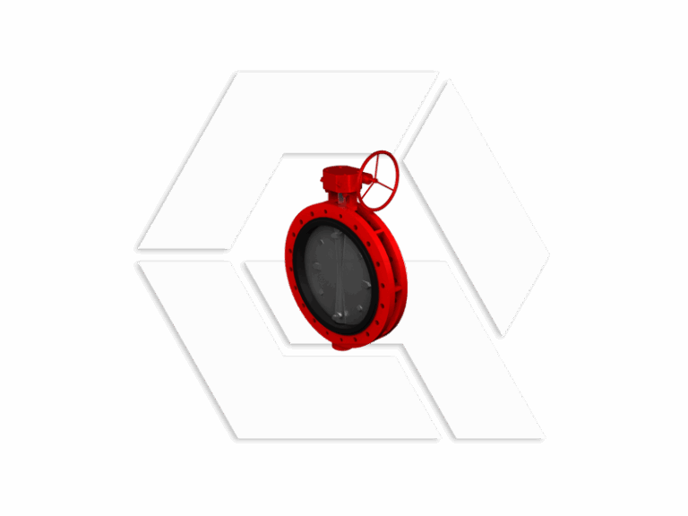 A red industrial butterfly valve with a handwheel is displayed against a white background featuring a geometric hexagonal pattern in light gray.
