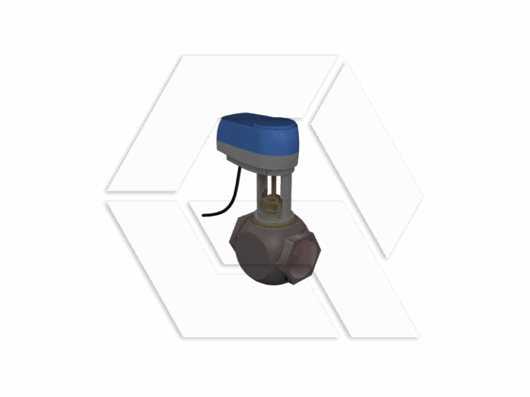 A motorized valve with a blue actuator on top and a dark, spherical body is shown against a white background with a faint geometric pattern.