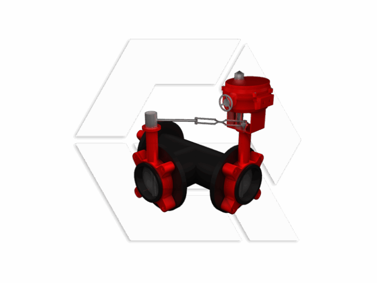 A red and black industrial valve assembly with a control mechanism and a gauge, displayed on a white background with a faint geometric logo pattern.