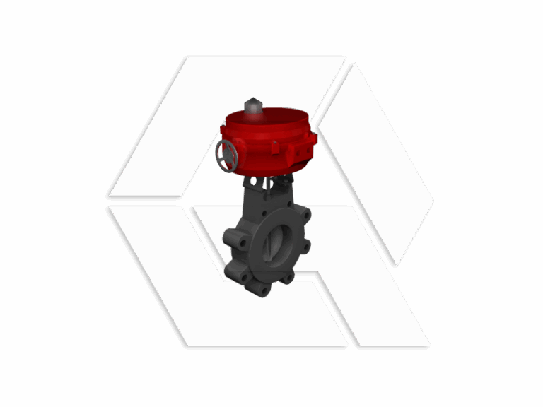 A black industrial valve with a round red actuator mounted on top, displayed against a white background with a faint geometric logo design.