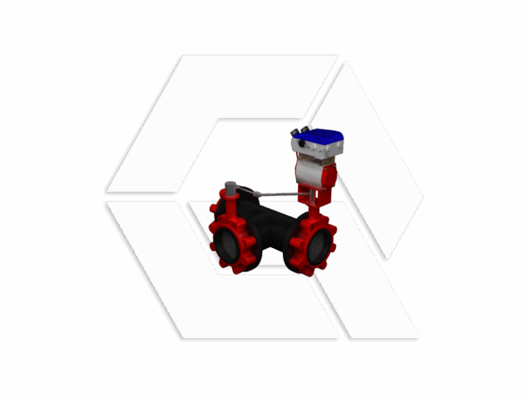 A black and red industrial valve with a blue and silver actuator mounted on top, displayed against a white background with a geometric logo design.