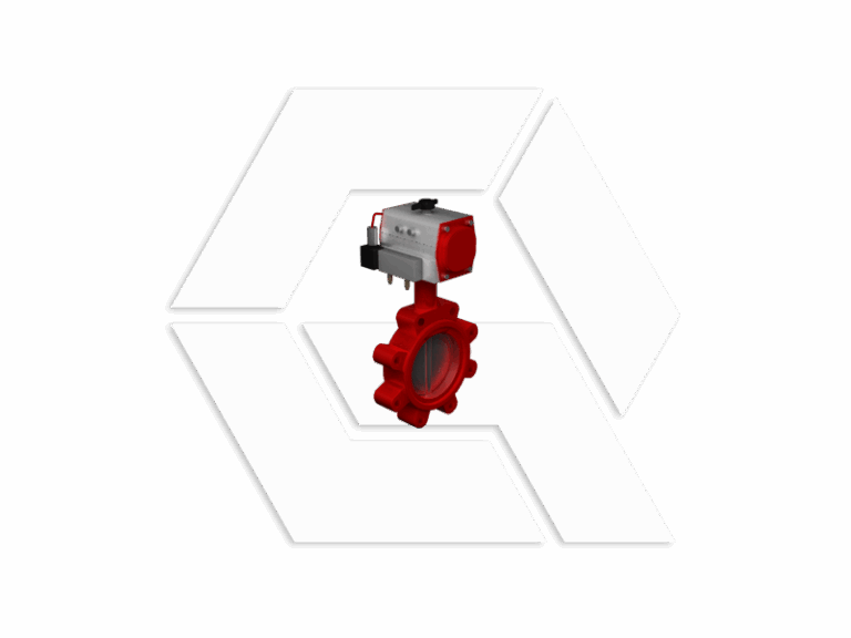 A red industrial butterfly valve with a silver and red actuator mounted on top, displayed against a white background with a geometric pattern.