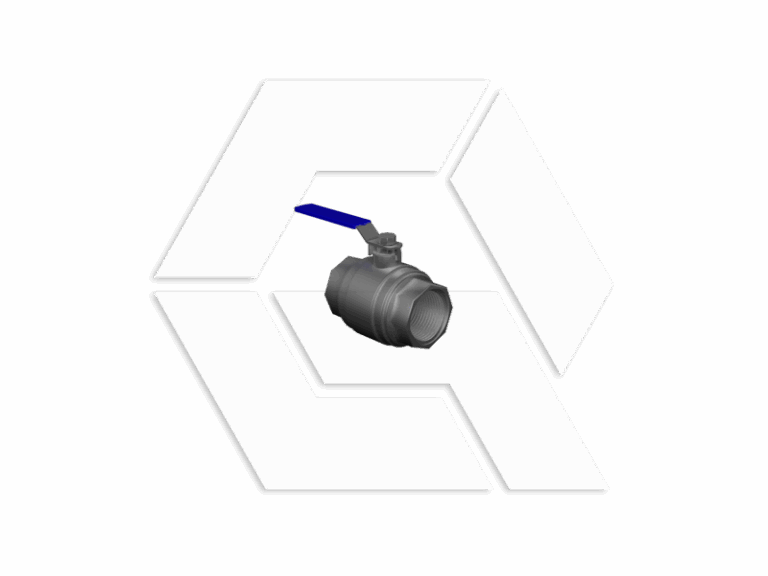 A metallic ball valve with a blue handle is centered on a white background featuring a geometric hexagonal pattern behind it.
