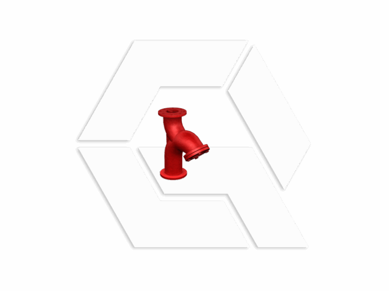 A red plumbing pipe fitting is centered on a white background with geometric shapes forming an abstract hexagonal design behind it.