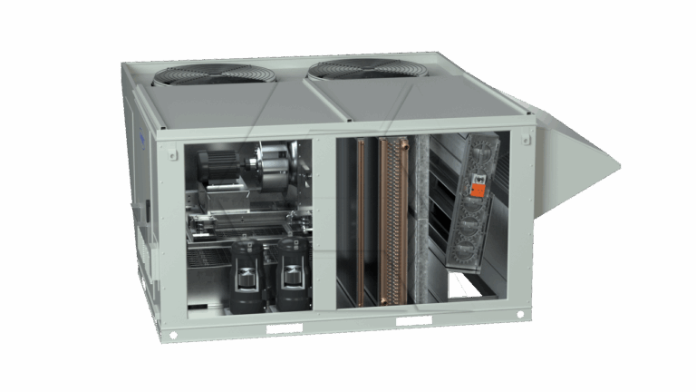 A large commercial HVAC rooftop unit with its side panel removed, revealing internal components such as compressors, coils, fans, and wiring. The unit is metallic and rectangular with two large fans on top.