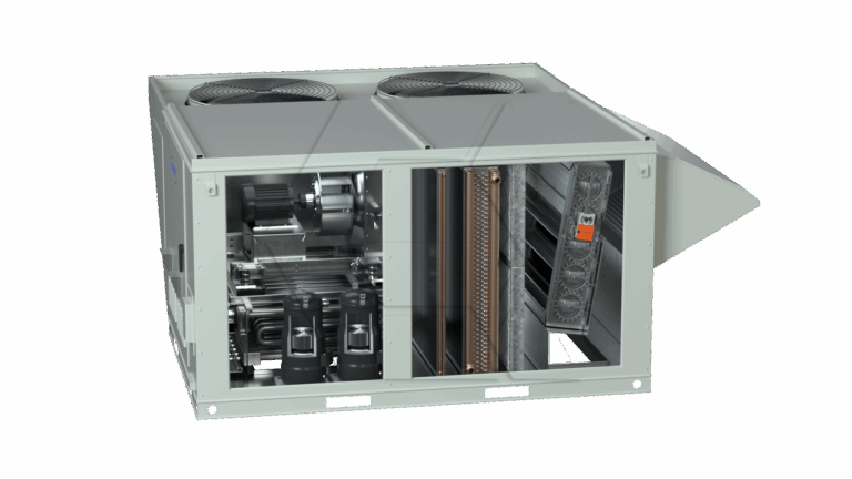 A large industrial HVAC unit with its side panel removed, revealing internal components including fans, coils, compressors, and electronic controls. The exterior is gray and rectangular, with two circular fan vents on top.