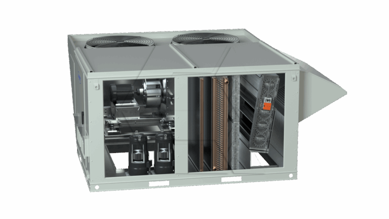 A large industrial HVAC unit with part of the panel removed, revealing internal components such as two fans, compressors, copper piping, and various electrical parts. The unit is grey and sits on a plain background.