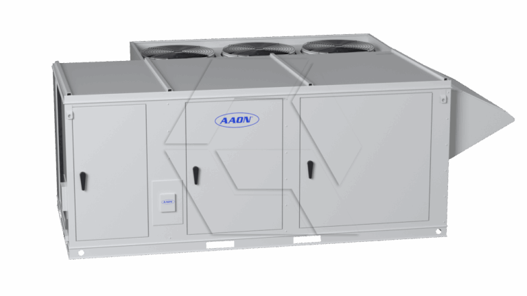 A large industrial HVAC rooftop unit with three circular fans on top and the AAON logo on the side, set against a plain white background.