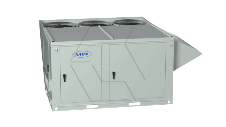 A large, rectangular industrial HVAC unit with three visible fans on top, grey exterior panels, louvered vent on the right side, and a blue "AAON" logo on the front.