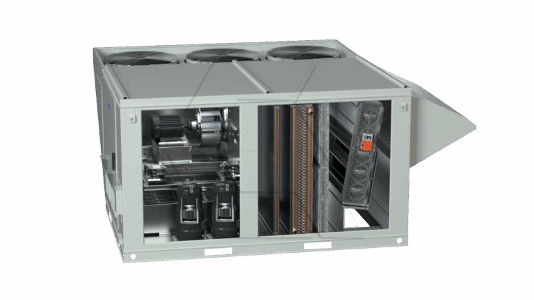 Industrial HVAC unit with one panel removed, revealing internal components such as compressors, coils, fans, and wiring. The exterior is metallic, with three large fans on the top surface.