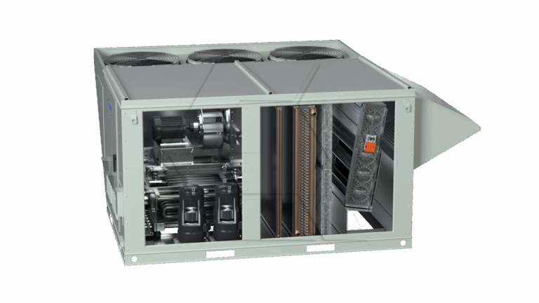 A large industrial HVAC unit with its panels open, showing internal components including compressors, copper coils, and fans, all housed in a metal casing.